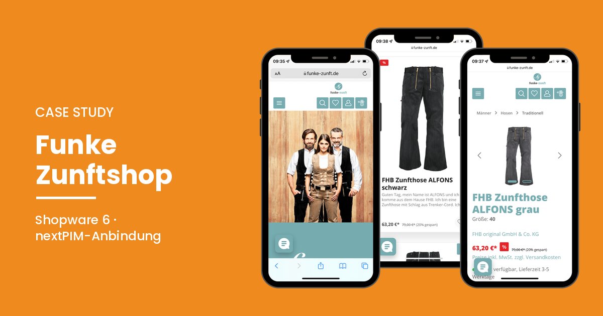 Case Study Funke Zunftshop: Shopware-6-Shop mit nextPIM-Anbindung auf drei Smartphones