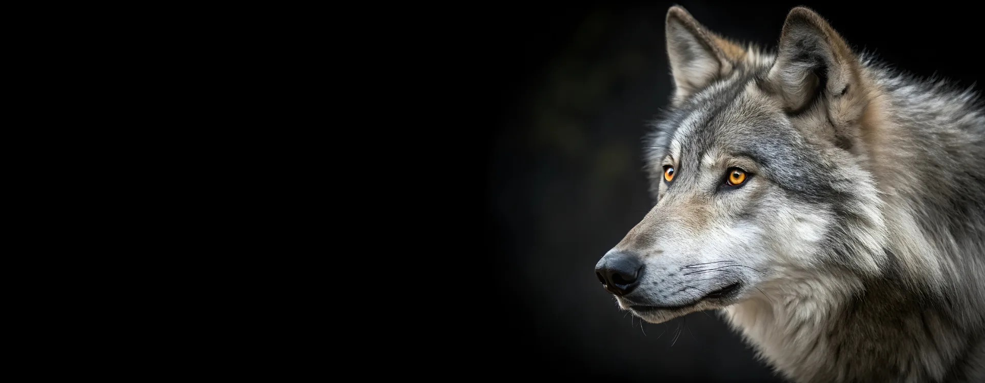 Grauer Wolf im Profil mit bernsteinfarbenen Augen vor schwarzem Hintergrund